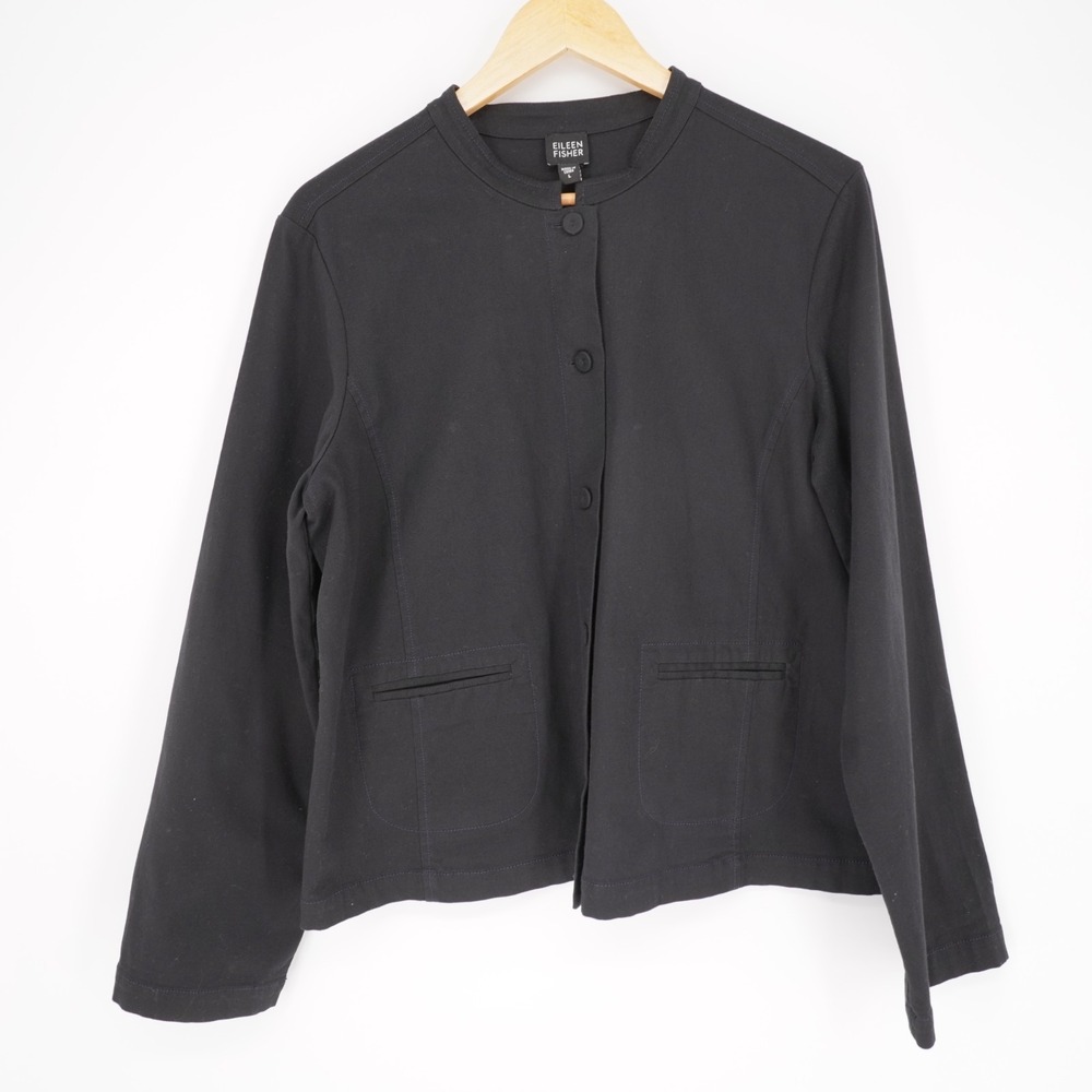 Eileen Fisher Minimalist Black Jacket Womens L Cotton Stretch Pockets Button